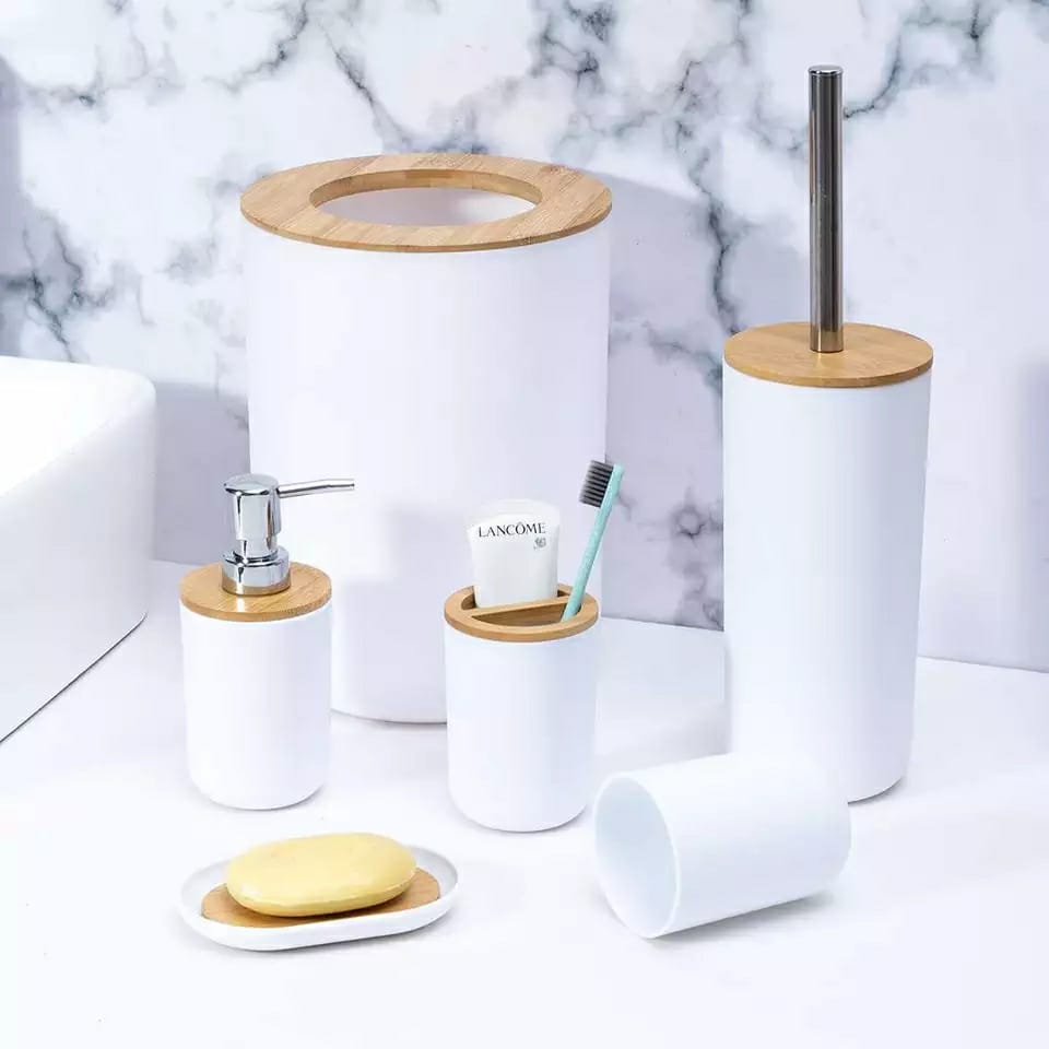 [ MAKES IT EASY AND SAVES COSTS 🤩🤩✨ !!! ]  ⏯️6 in 1 Brand New High Quality Durable Bamboo set includes {Toothbrush holder, Soap dispenser, Toilet brush, Trash can....} at Best Price
