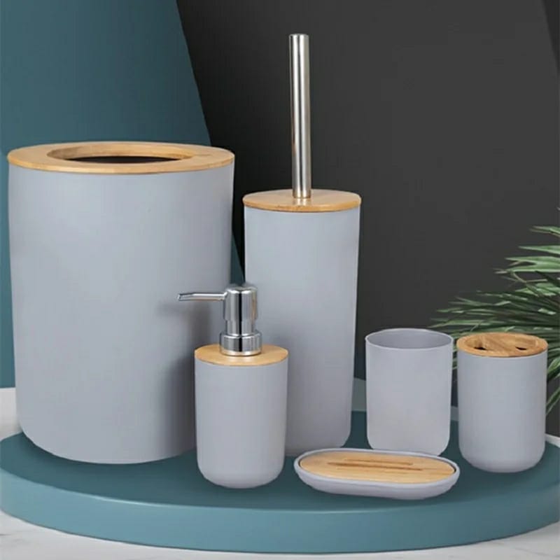 [ MAKES IT EASY AND SAVES COSTS 🤩🤩✨ !!! ]  ⏯️6 in 1 Brand New High Quality Durable Bamboo set includes {Toothbrush holder, Soap dispenser, Toilet brush, Trash can....} at Best Price