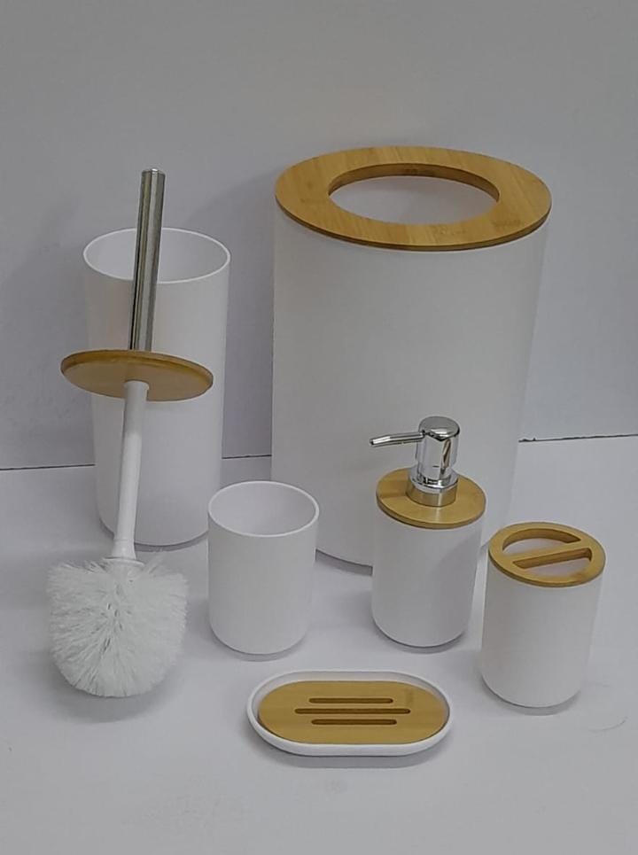 [ MAKES IT[ MAKES IT EASY  EASY AND SAVES COSTS 🤩🤩✨ !!! ]  ⏯️6 in 1 Brand New High Quality Durable Bamboo set includes {Toothbrush holder, Soap dispenser, Toilet brush, Trash can....} at Best Price