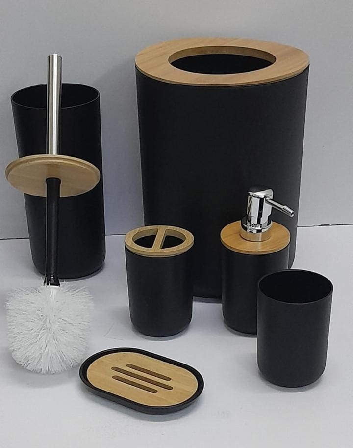[ MAKES IT EASY AND SAVES COSTS 🤩🤩✨ !!! ]  ⏯️6 in 1 Brand New High Quality Durable Bamboo set includes {Toothbrush holder, Soap dispenser, Toilet brush, Trash can....} at Best Price
