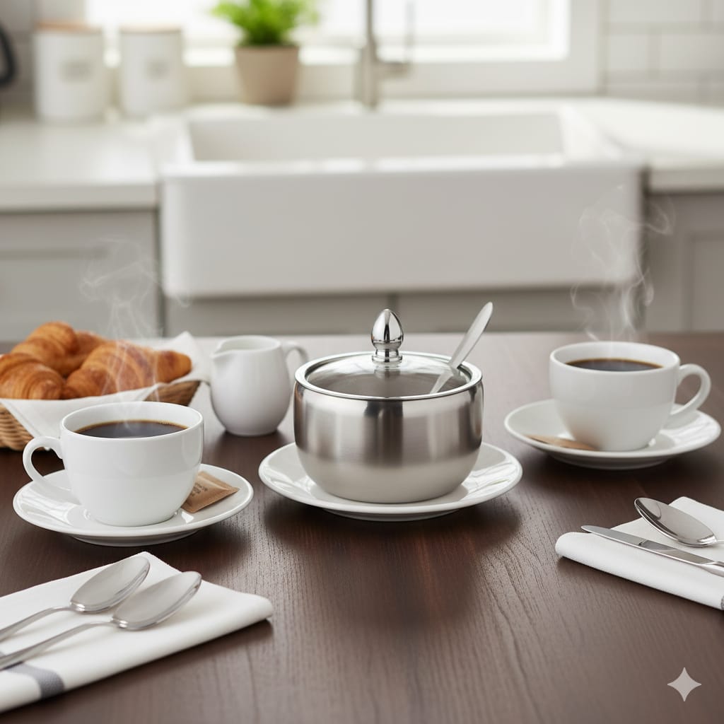 Elegant Stainless Steel Kitchen Sugar Dish with Transparent Glass Lid Durable Modern Storage Container for Sugar Serving and Kitchen Counter Use