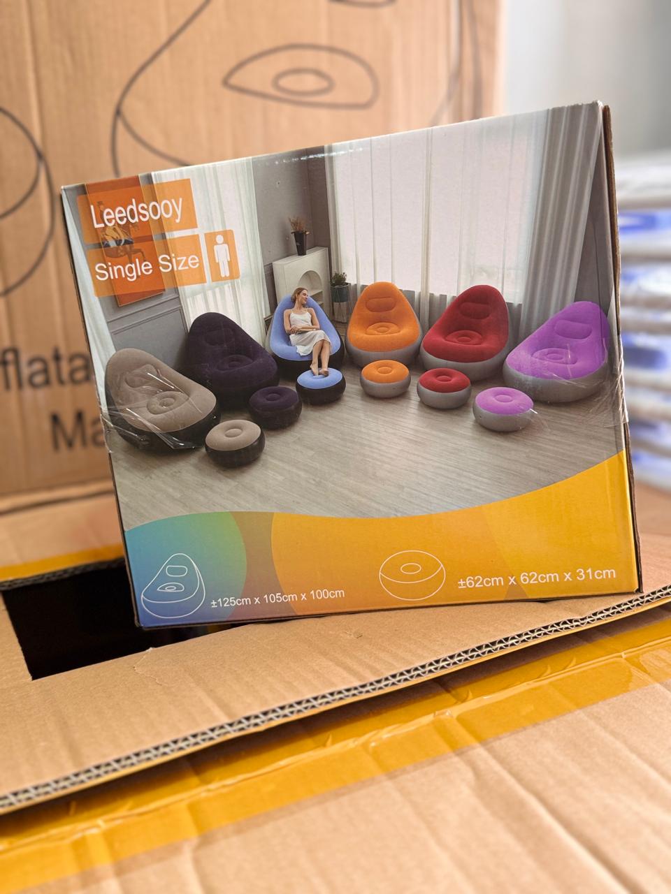 Inflatable Deluxe Lounge Seat with Foot Rest and Free Manual Pump, Portable 2pcs Inflatable Chair Set with Ottoman, Comfortable Durable Blow-Up Seating for Home Indoor Outdoor Use