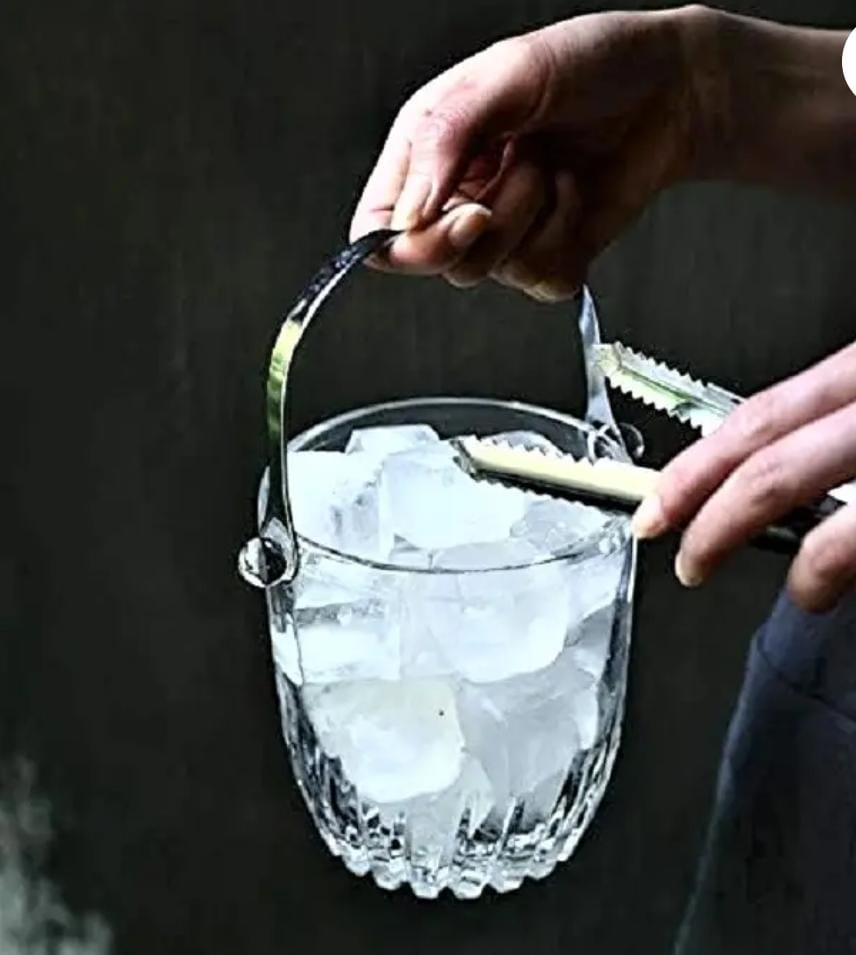Portable Heavy Glass Kitchen Ice Cube Bucket with Handle and Tong – Durable Transparent Ice Holder for Home, Bar, or Party Use
