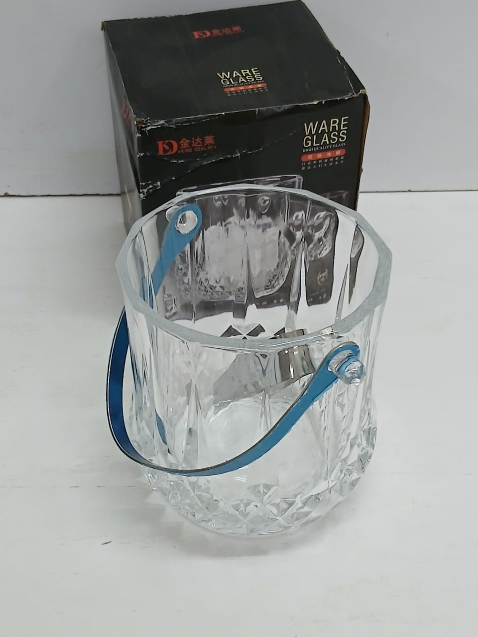 Portable Heavy Glass Kitchen Ice Cube Bucket with Handle and Tong – Durable Transparent Ice Holder for Home, Bar, or Party Use