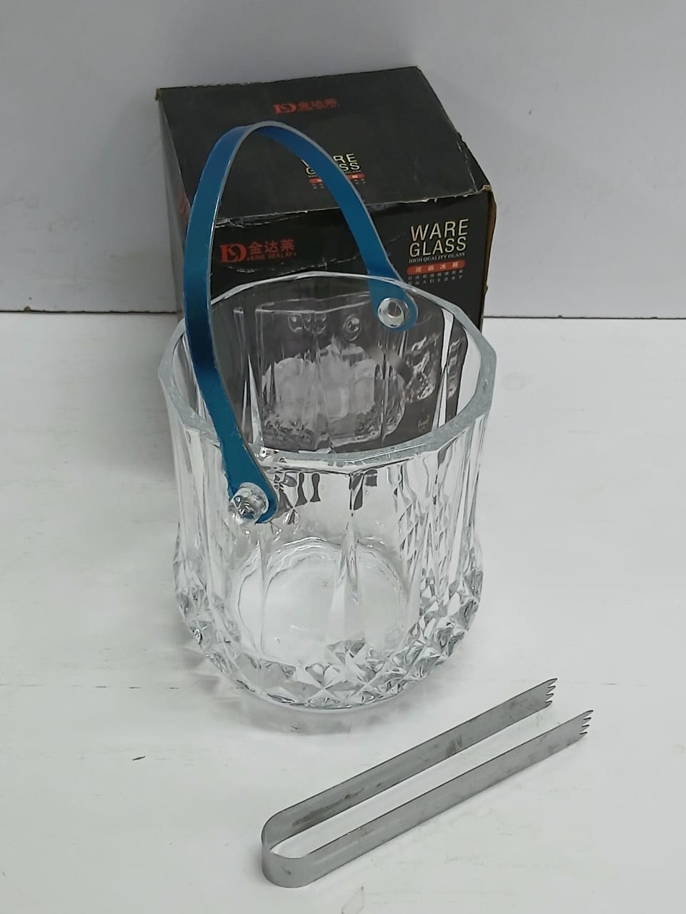 Portable Heavy Glass Kitchen Ice Cube Bucket with Handle and Tong – Durable Transparent Ice Holder for Home, Bar, or Party Use