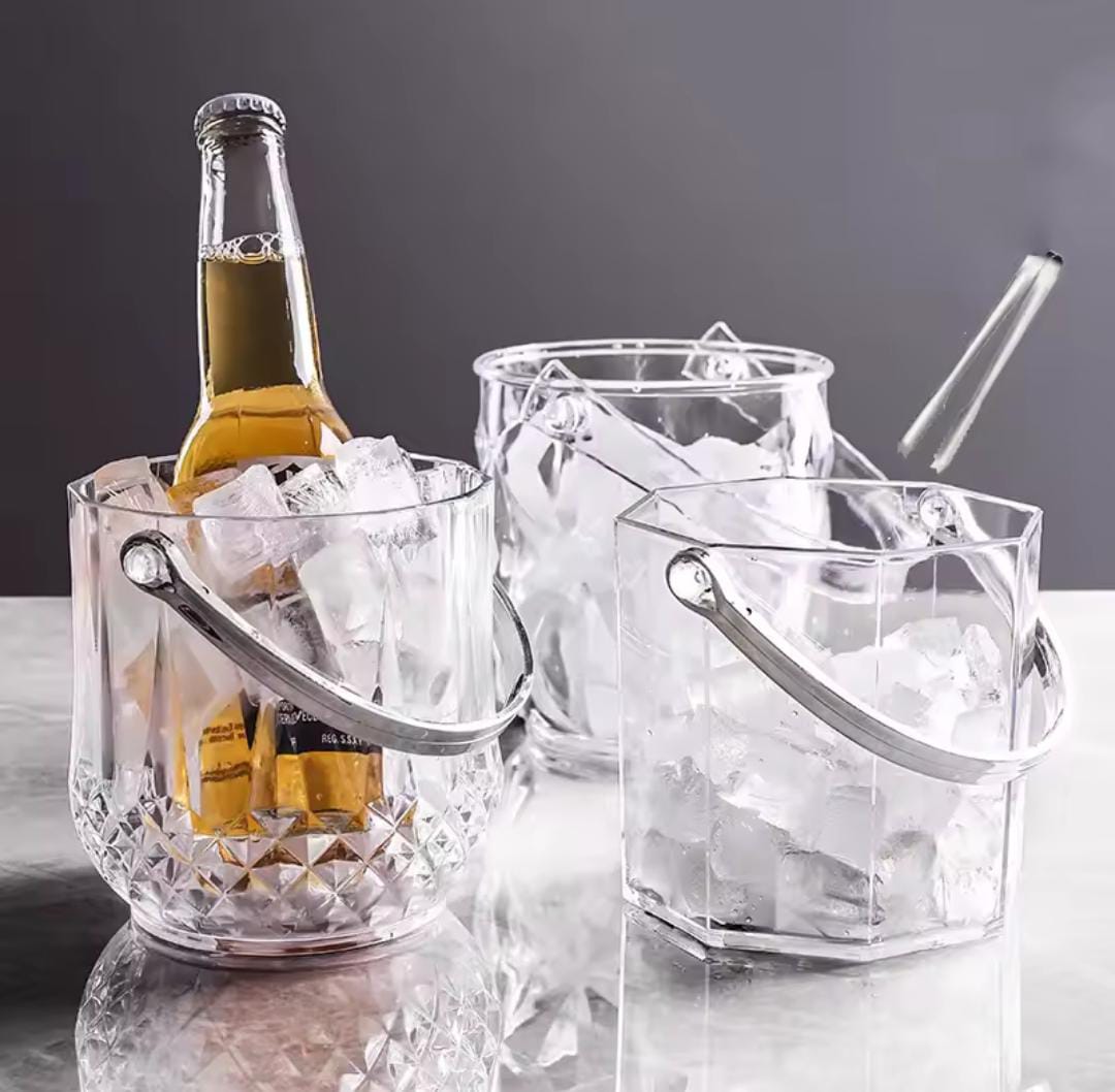 Portable Heavy Glass Kitchen Ice Cube Bucket with Handle and Tong – Durable Transparent Ice Holder for Home, Bar, or Party Use