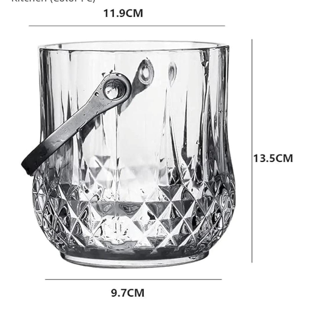 Portable Heavy Glass Kitchen Ice Cube Bucket with Handle and Tong – Durable Transparent Ice Holder for Home, Bar, or Party Use