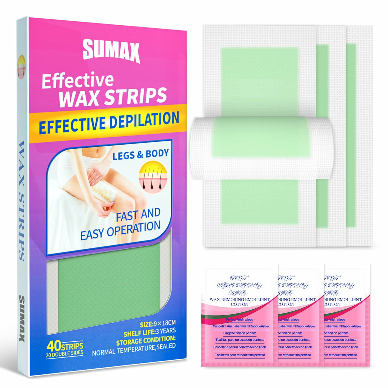 40 Strips Rapid Hair Removal Wax Strips – Double-Sided Long-Lasting Depilation Paper for Women’s Legs, Arms, Bikini & Neck, Safe & Gentle Wax Strips for Smooth Skin
