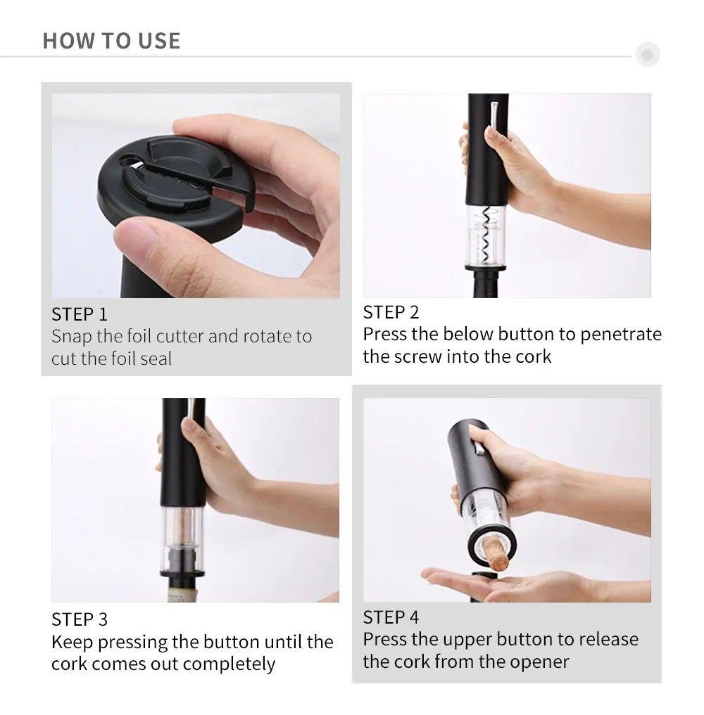 Electric Wine Opener Set 4-in-1 Automatic Corkscrew with Foil Cutter, Vacuum Stopper & Pourer – Battery Operated Motorized Wine Bottle Opener Gift Set for Home, Kitchen, Party & Wine Lovers