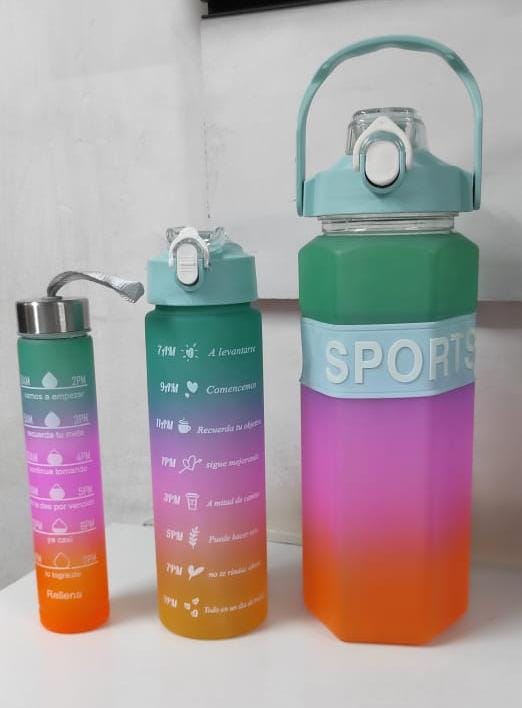 3-in-1 Motivational Water Bottle Set – 2000ml, 800ml, 300ml – Sports Drinking Bottles with Time Marker and Straw – Outdoor, Gym, School, Travel, Fitness Large Cup Set