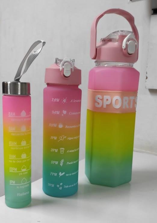 3-in-1 Motivational Water Bottle Set – 2000ml, 800ml, 300ml – Sports Drinking Bottles with Time Marker and Straw – Outdoor, Gym, School, Travel, Fitness Large Cup Set