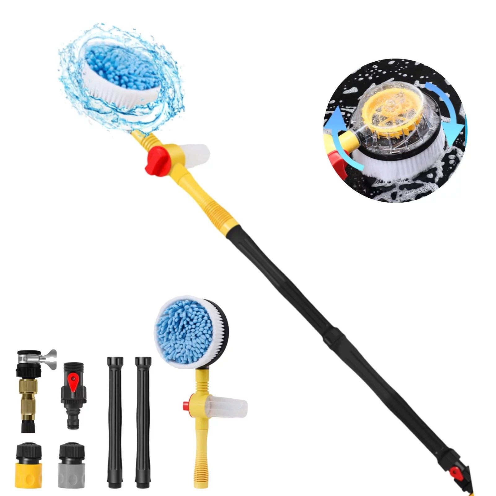Car Wash Brush 360° Spin Cleaning Kit – High-Pressure Foam Car Wash Mop with Detachable & Extendable Handle, Soft Bristles, Multipurpose Scrub Brush for Car, Home & Garden Cleaning