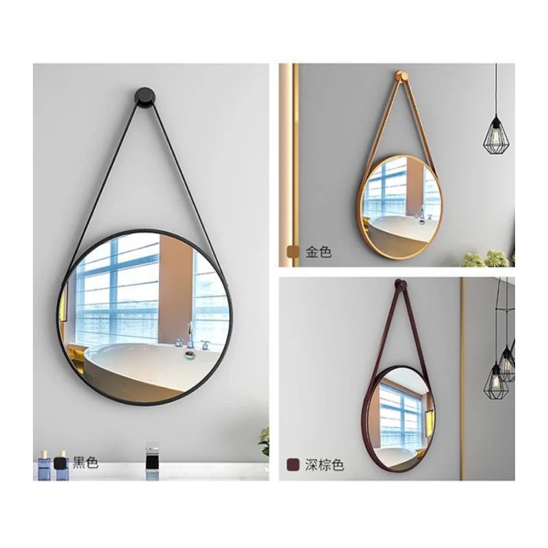 Nordic Wall Hanging Decorative Mirror | Creative Round Vanity & Bathroom Mirror with Leather Strap | Stylish Black or Gold Large 60cm Mirror for Living Room, Bedroom & Bathroom Décor