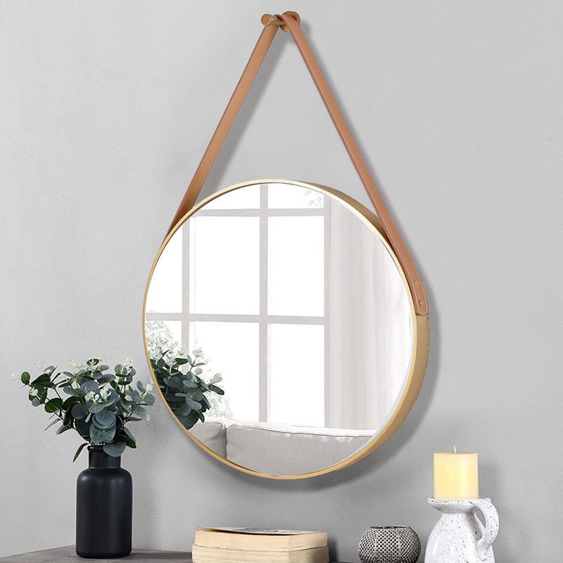 Nordic Wall Hanging Decorative Mirror | Creative Round Vanity & Bathroom Mirror with Leather Strap | Stylish Black or Gold Large 60cm Mirror for Living Room, Bedroom & Bathroom Décor