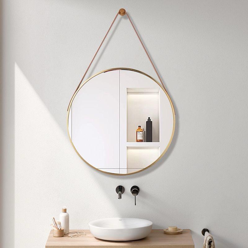 Nordic Wall Hanging Decorative Mirror | Creative Round Vanity & Bathroom Mirror with Leather Strap | Stylish Black or Gold Large 60cm Mirror for Living Room, Bedroom & Bathroom Décor