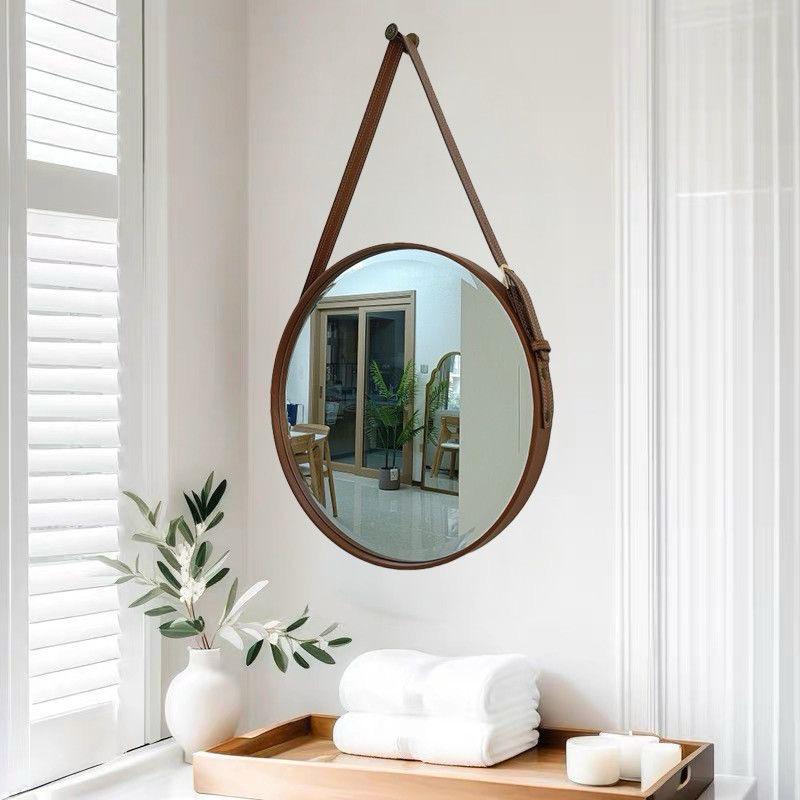 Nordic Wall Hanging Decorative Mirror | Creative Round Vanity & Bathroom Mirror with Leather Strap | Stylish Black or Gold Large 60cm Mirror for Living Room, Bedroom & Bathroom Décor