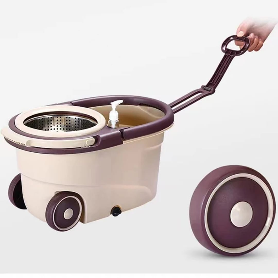 360° Spin Mop with Bucket, Dehydration Basket, Stainless Steel Spin System, Telescopic Handle, Large Wheels, Soap Dispenser, Splash-Proof Design, Double Mop Heads for All Floor Types