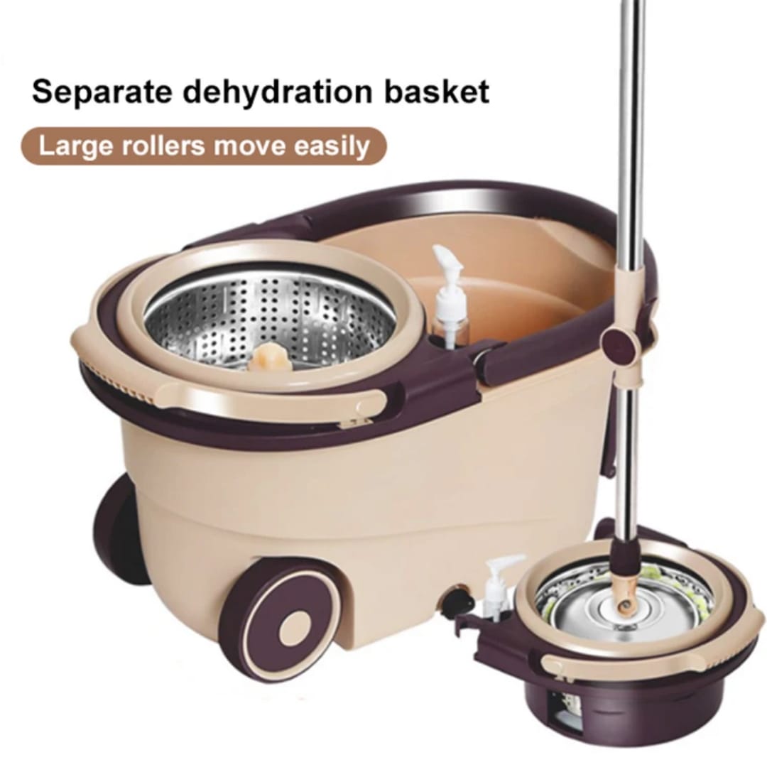 360° Spin Mop with Bucket, Dehydration Basket, Stainless Steel Spin System, Telescopic Handle, Large Wheels, Soap Dispenser, Splash-Proof Design, Double Mop Heads for All Floor Types