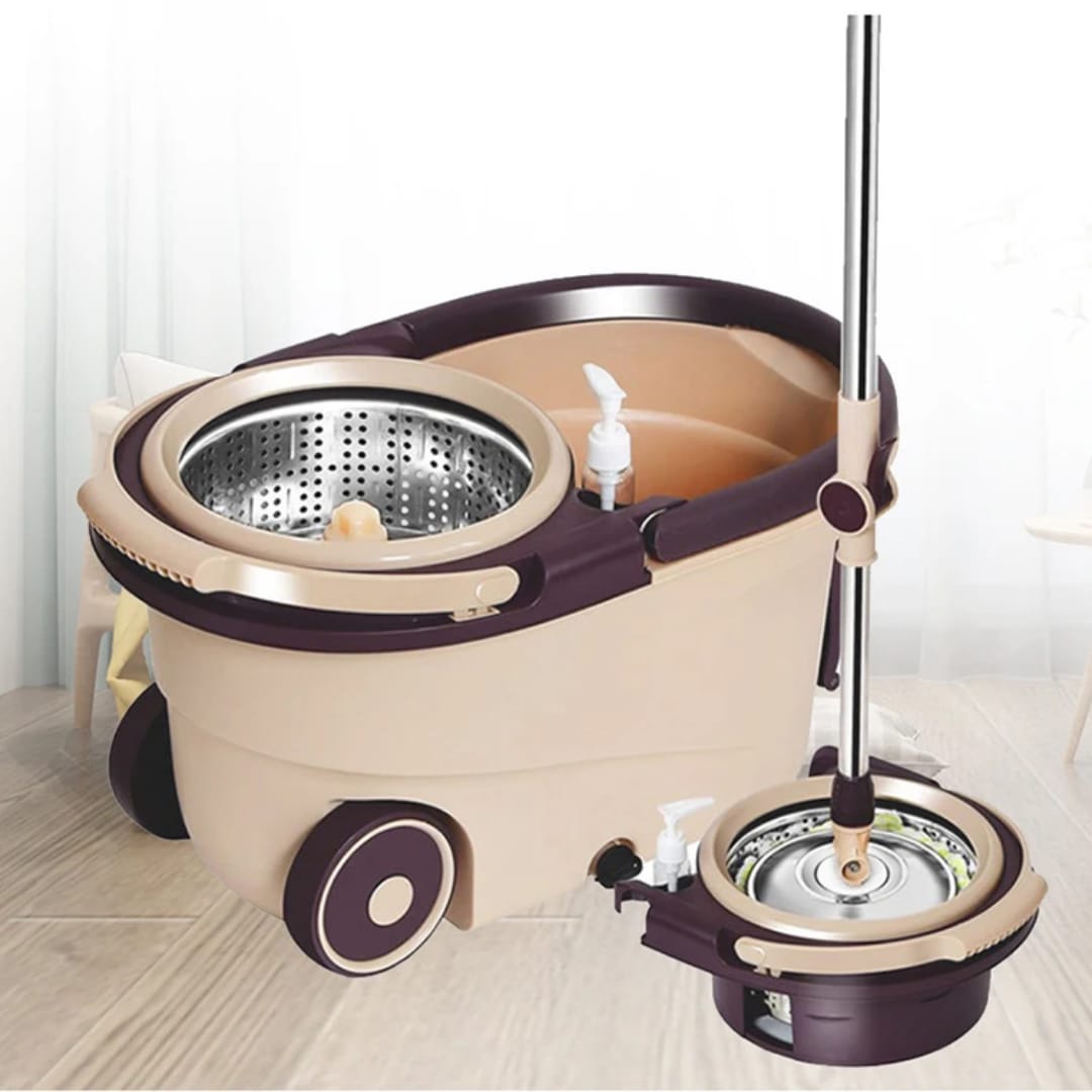360° Spin Mop with Bucket, Dehydration Basket, Stainless Steel Spin System, Telescopic Handle, Large Wheels, Soap Dispenser, Splash-Proof Design, Double Mop Heads for All Floor Types