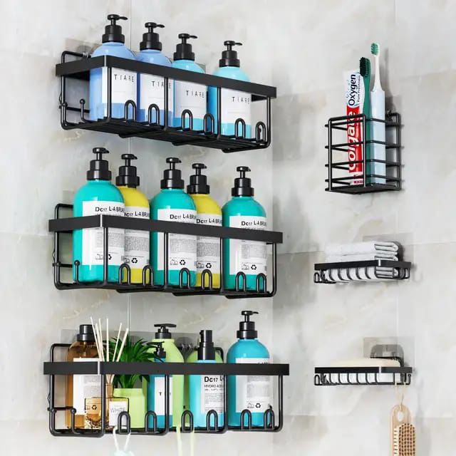 6pcs Shower Caddy Shelf & Bathroom Organizer Set – Rustproof, No Drilling Required, Adhesive with Increased Load Capacity, Ideal for Smooth Walls, Tiles, Marble, Wood, Metal, and Glass