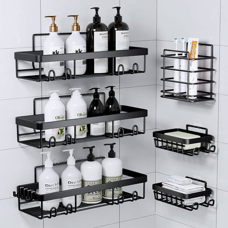 6pcs Shower Caddy Shelf & Bathroom Organizer Set – Rustproof, No Drilling Required, Adhesive with Increased Load Capacity, Ideal for Smooth Walls, Tiles, Marble, Wood, Metal, and Glass