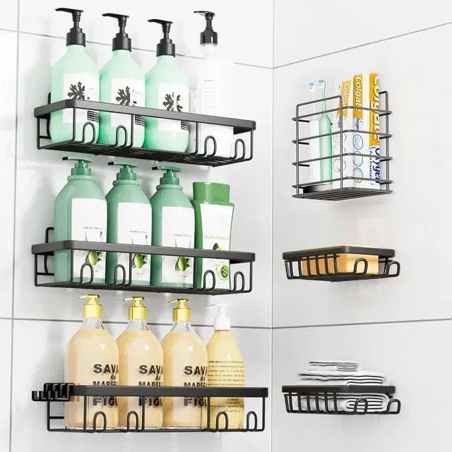 6pcs Shower Caddy Shelf & Bathroom Organizer Set – Rustproof, No Drilling Required, Adhesive with Increased Load Capacity, Ideal for Smooth Walls, Tiles, Marble, Wood, Metal, and Glass