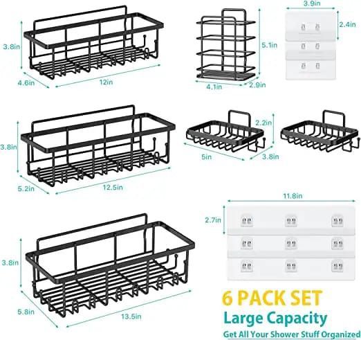 6pcs Shower Caddy Shelf & Bathroom Organizer Set – Rustproof, No Drilling Required, Adhesive with Increased Load Capacity, Ideal for Smooth Walls, Tiles, Marble, Wood, Metal, and Glass