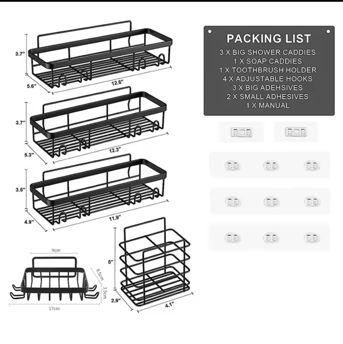 5pcs Shower Caddy Shelf & Bathroom Organizer Set – Rustproof, No Drilling, Strong Adhesive, Ideal for Smooth Walls, Tiles, Marble, Wood, Metal, and Glass Surfaces