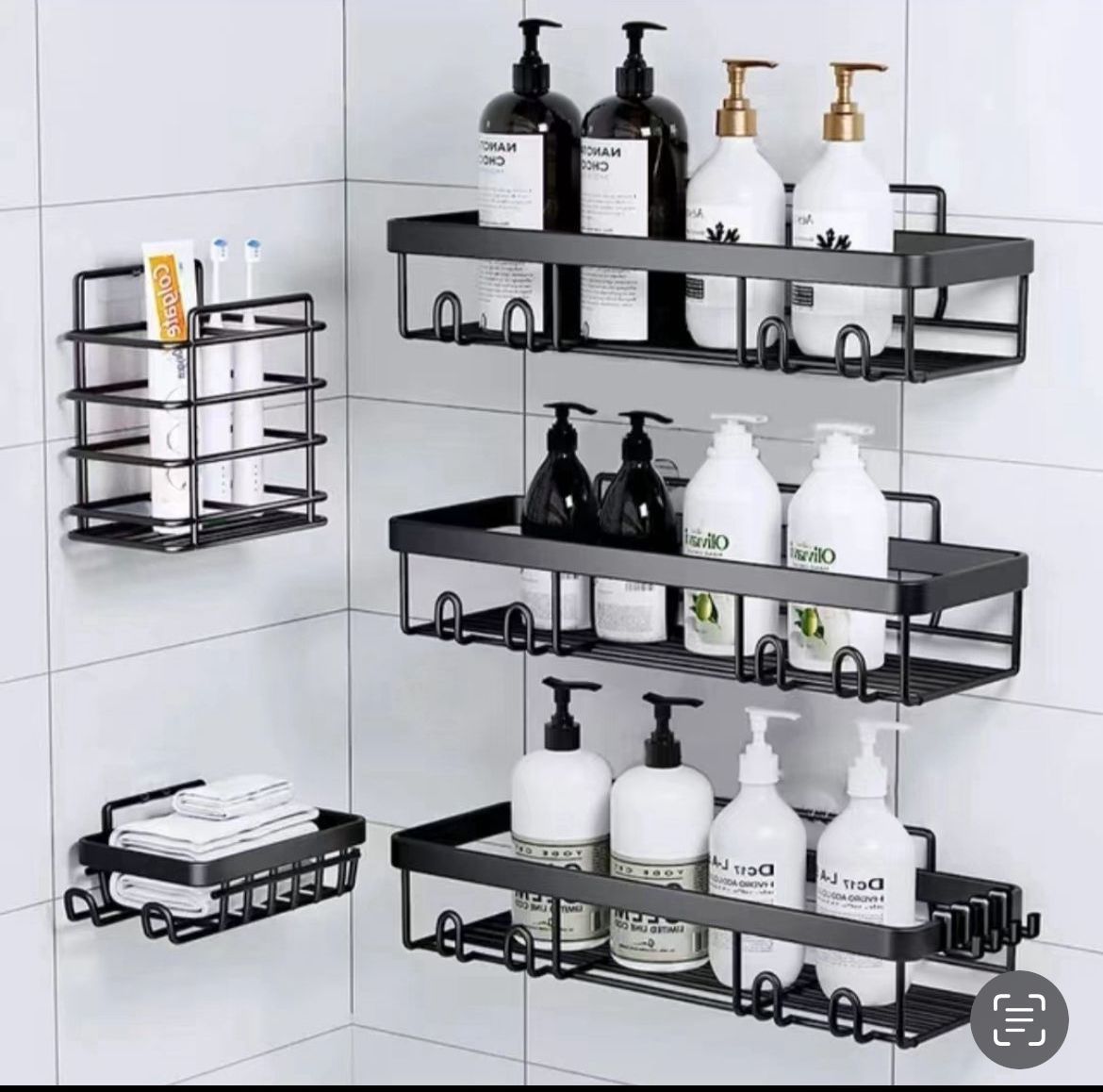 5pcs Shower Caddy Shelf & Bathroom Organizer Set – Rustproof, No Drilling, Strong Adhesive, Ideal for Smooth Walls, Tiles, Marble, Wood, Metal, and Glass Surfaces