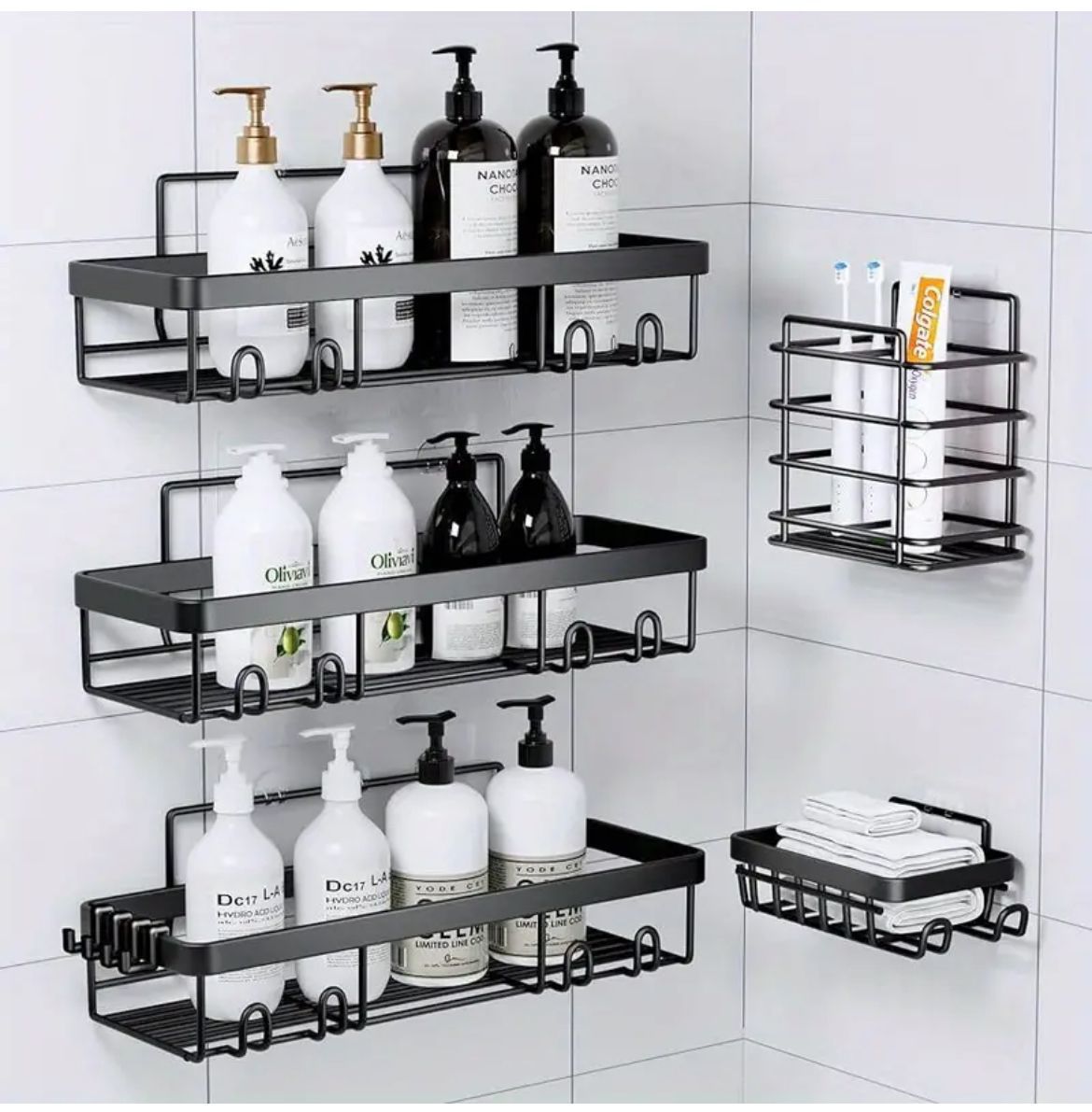 5pcs Shower Caddy Shelf & Bathroom Organizer Set – Rustproof, No Drilling, Strong Adhesive, Ideal for Smooth Walls, Tiles, Marble, Wood, Metal, and Glass Surfaces
