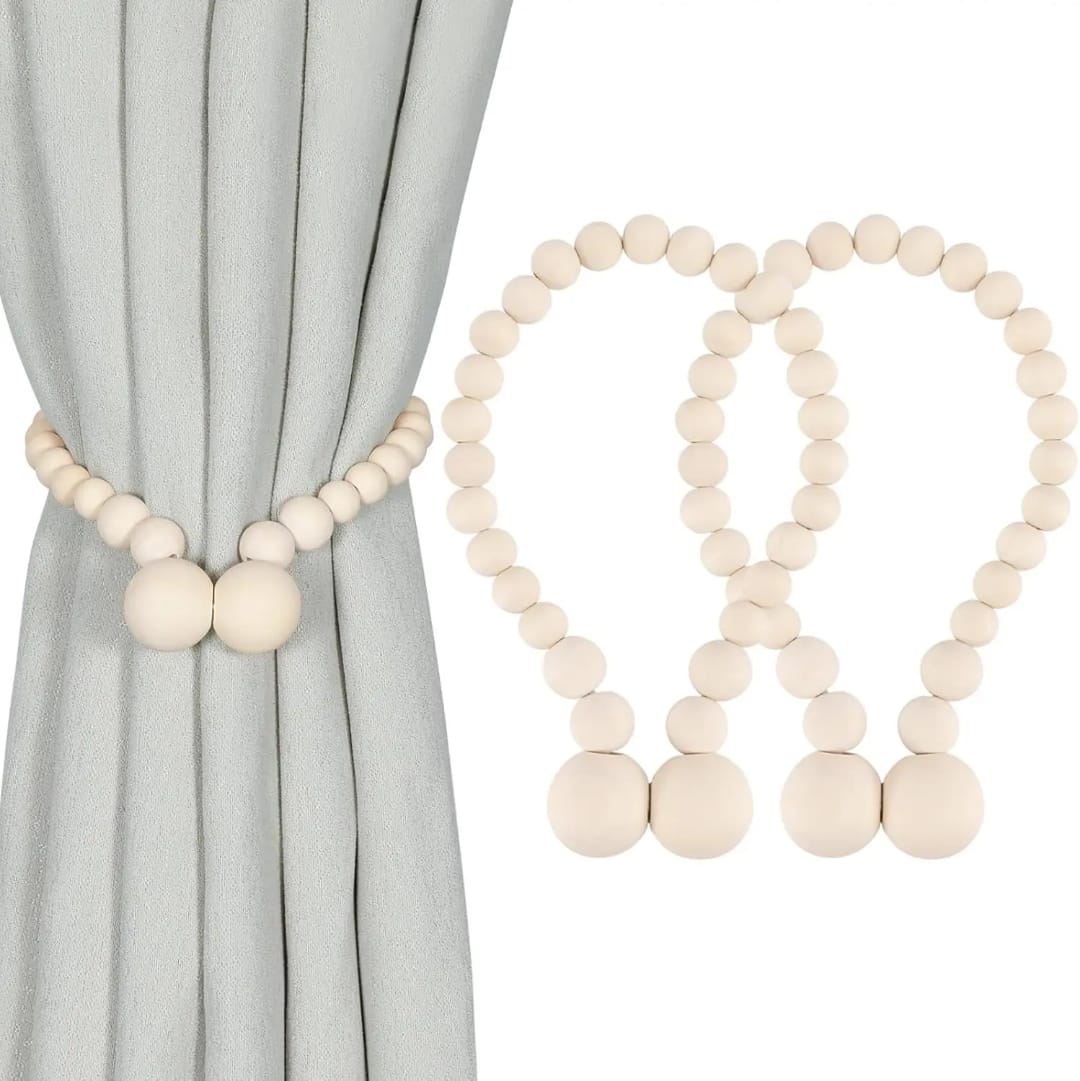 2pcs Magnetic Wooden Beads Curtain Tiebacks – Boho Style Decorative Accessories, Functional Curtain Holders, Perfect for Living Room, Bedroom, or Home Decor
