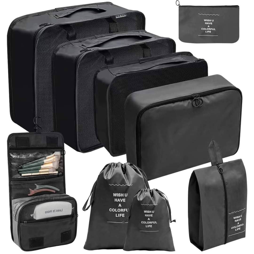 9pcs Luggage Travel Organizers – Packing Tubes for Suitcase, Includes Cubes, Multipurpose, Accessory, Laundry/Shoe Bags, Durable Oxford Material with Breathable Mesh and Double Zippers