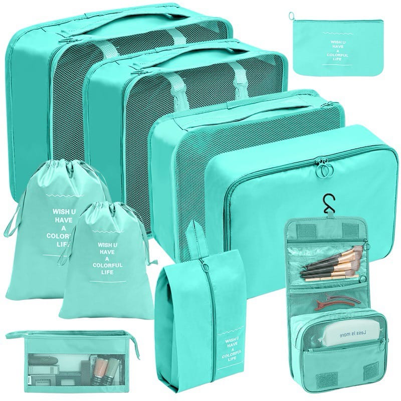 9pcs Luggage Travel Organizers – Packing Tubes for Suitcase, Includes Cubes, Multipurpose, Accessory, Laundry/Shoe Bags, Durable Oxford Material with Breathable Mesh and Double Zippers