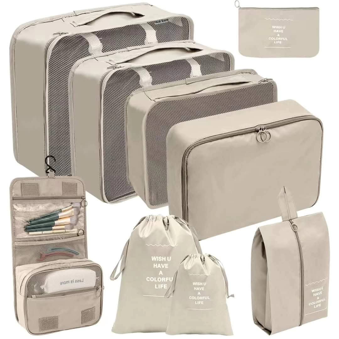 9pcs Luggage Travel Organizers – Packing Tubes for Suitcase, Includes Cubes, Multipurpose, Accessory, Laundry/Shoe Bags, Durable Oxford Material with Breathable Mesh and Double Zippers