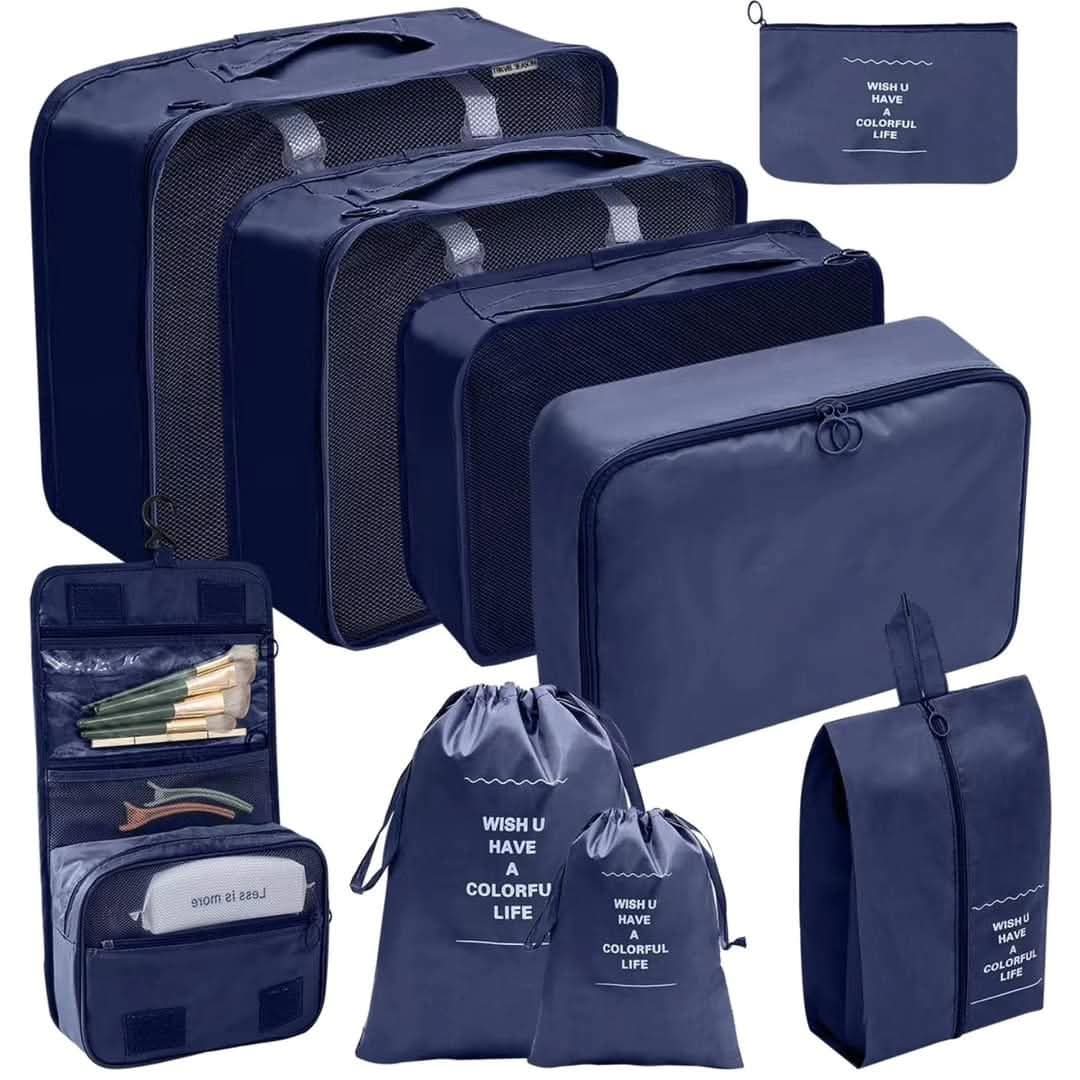 9pcs Luggage Travel Organizers – Packing Tubes for Suitcase, Includes Cubes, Multipurpose, Accessory, Laundry/Shoe Bags, Durable Oxford Material with Breathable Mesh and Double Zippers