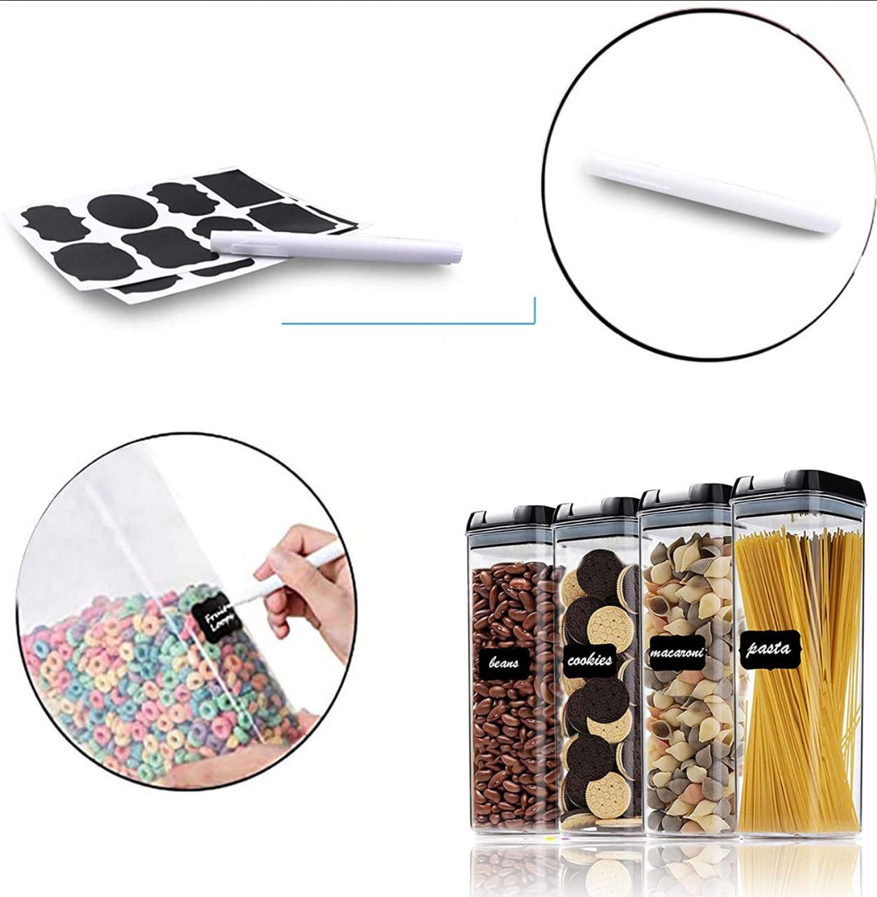 4pcs Transparent Acrylic Cereal Food Storage Containers – 1900ml Airtight Pantry Organizers for Dry Food, Grains, Pasta, Snacks, Beans, Nuts, Spaghetti, With Labels, Pen and Measuring Spoons