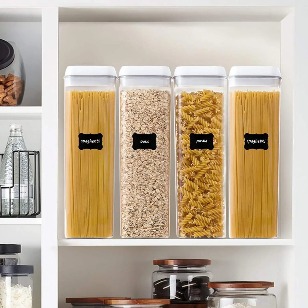 4pcs Transparent Acrylic Cereal Food Storage Containers – 1900ml Airtight Pantry Organizers for Dry Food, Grains, Pasta, Snacks, Beans, Nuts, Spaghetti, With Labels, Pen and Measuring Spoons