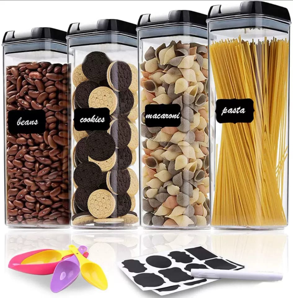 4pcs Transparent Acrylic Cereal Food Storage Containers – 1900ml Airtight Pantry Organizers for Dry Food, Grains, Pasta, Snacks, Beans, Nuts, Spaghetti, With Labels, Pen and Measuring Spoons