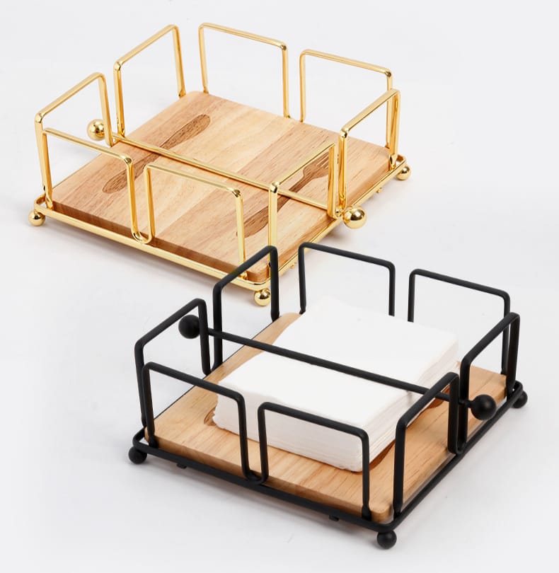 Luxury Metallic Serviette Holder with Bamboo Top – Modern Square Napkin Holder for Kitchen, Dining Table, Office, and Home Décor, Durable Design for Organized and Stylish Tissue Storage