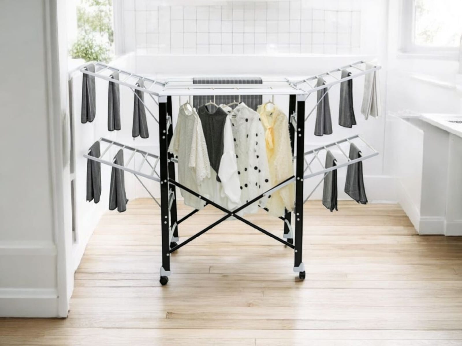 Foldable Wing Clothes Drying Rack with Wheels for Easy Portability, Heavy-Duty Design for Stable Indoor Laundry Drying and Convenient Home Use for Efficient Clothes Airing