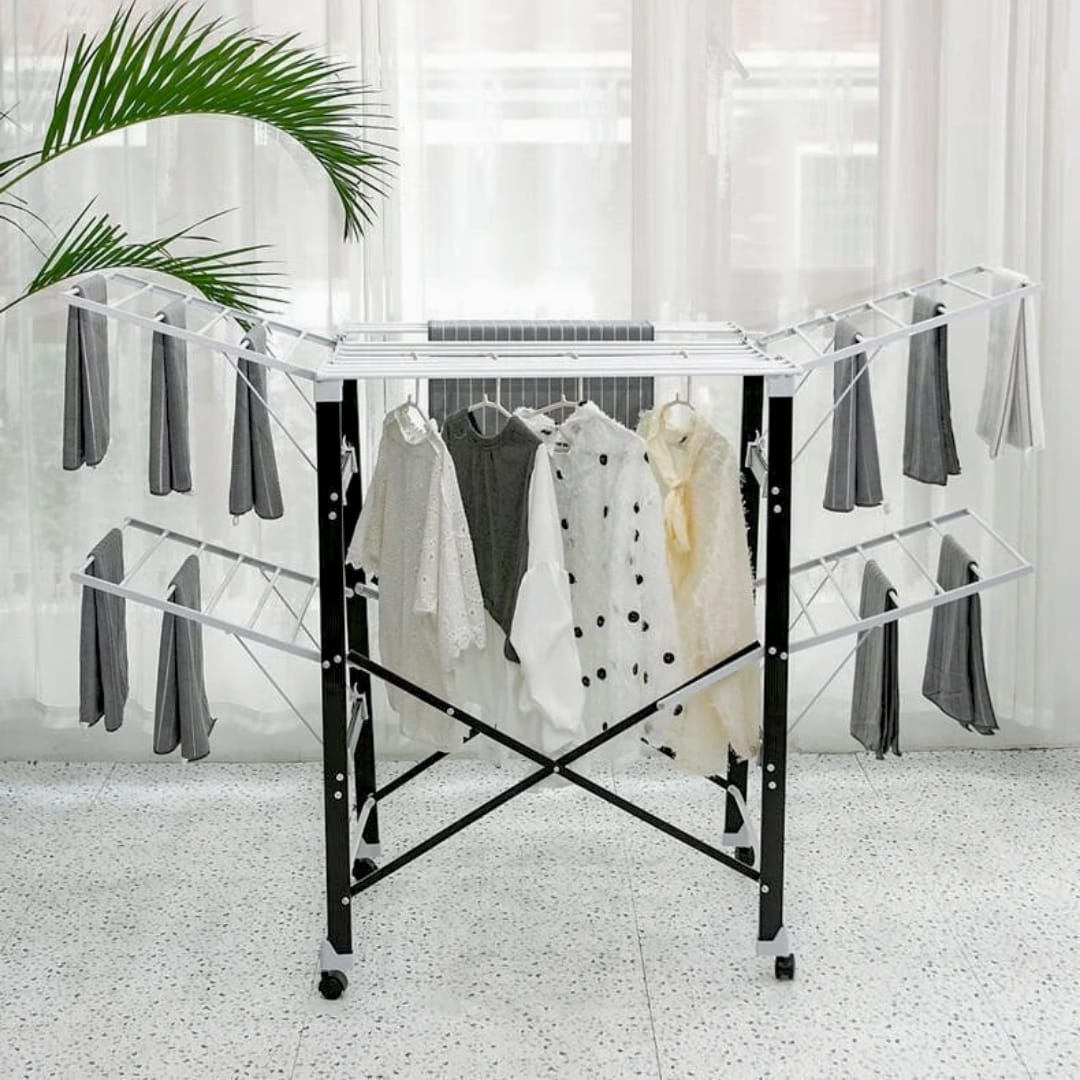Foldable Portable Balcony Laundry Drying Rack with Extendable Racks, Strong Durable Metal Frame, Movable Wheels, Indoor–Outdoor Clothes Airer for Efficient Space-Saving Drying