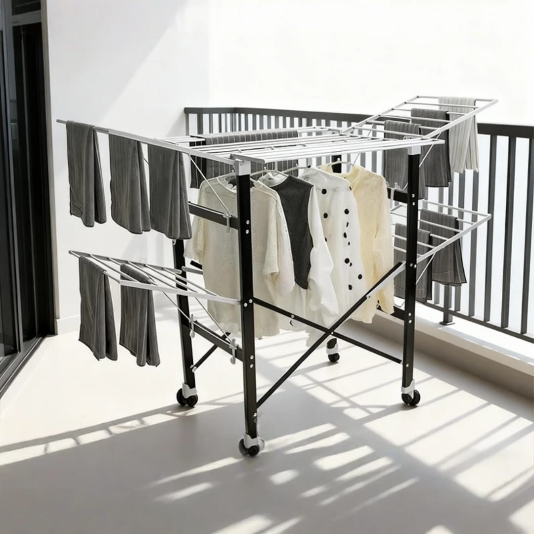 Foldable Portable Balcony Laundry Drying Rack with Extendable Racks, Strong Durable Metal Frame, Movable Wheels, Indoor–Outdoor Clothes Airer for Efficient Space-Saving Drying