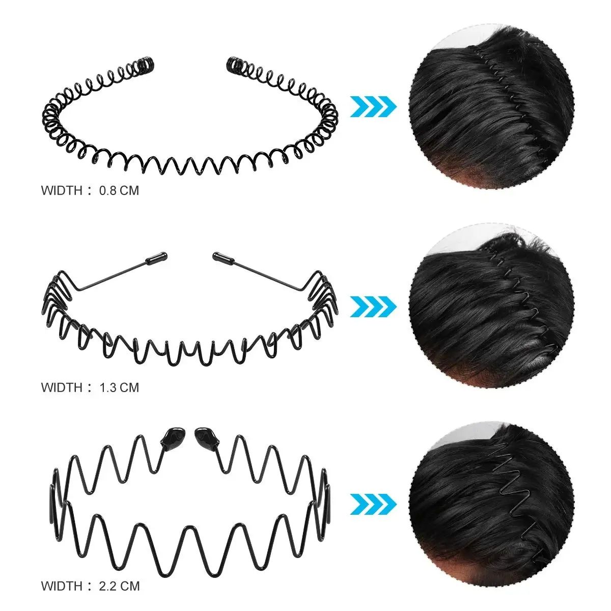 3pcs/set Unisex Black Elastic Non Slip Simple Metal Headbands For Men Women Wavy Hairband Spring Hair Hoop Fashion Hair Accessories