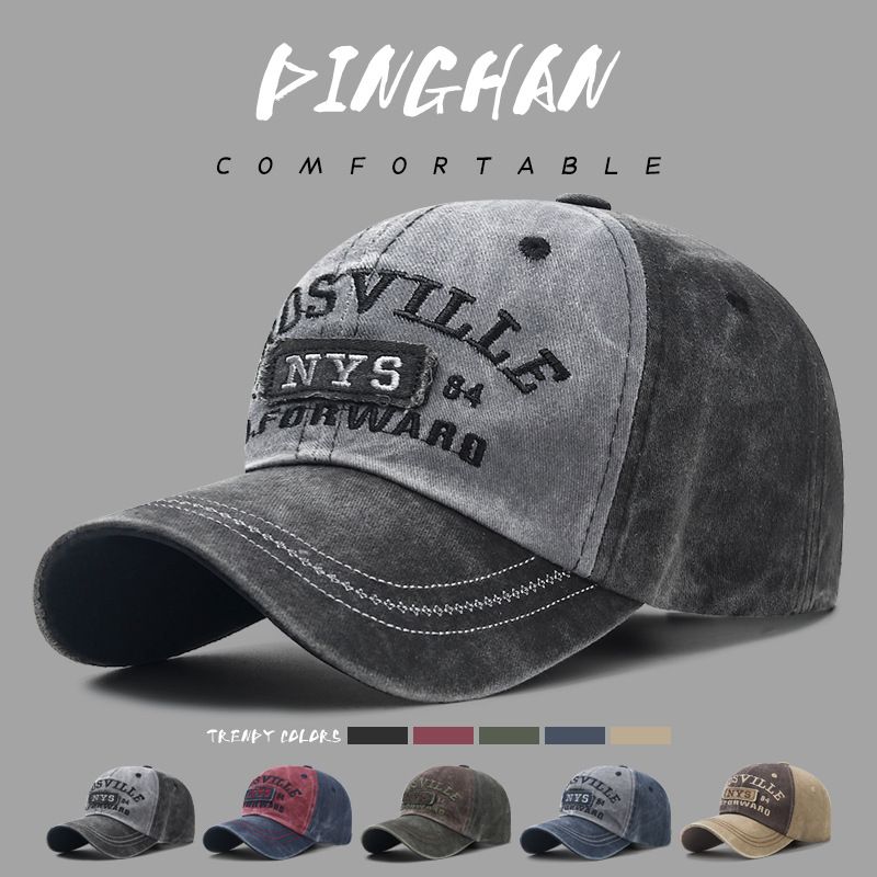 Four Seasons Men Baseball Cap Casual Distressed Washed Cotton Letter Embroidered Cap Bent Brim Dome Casual Sun Protection Hat