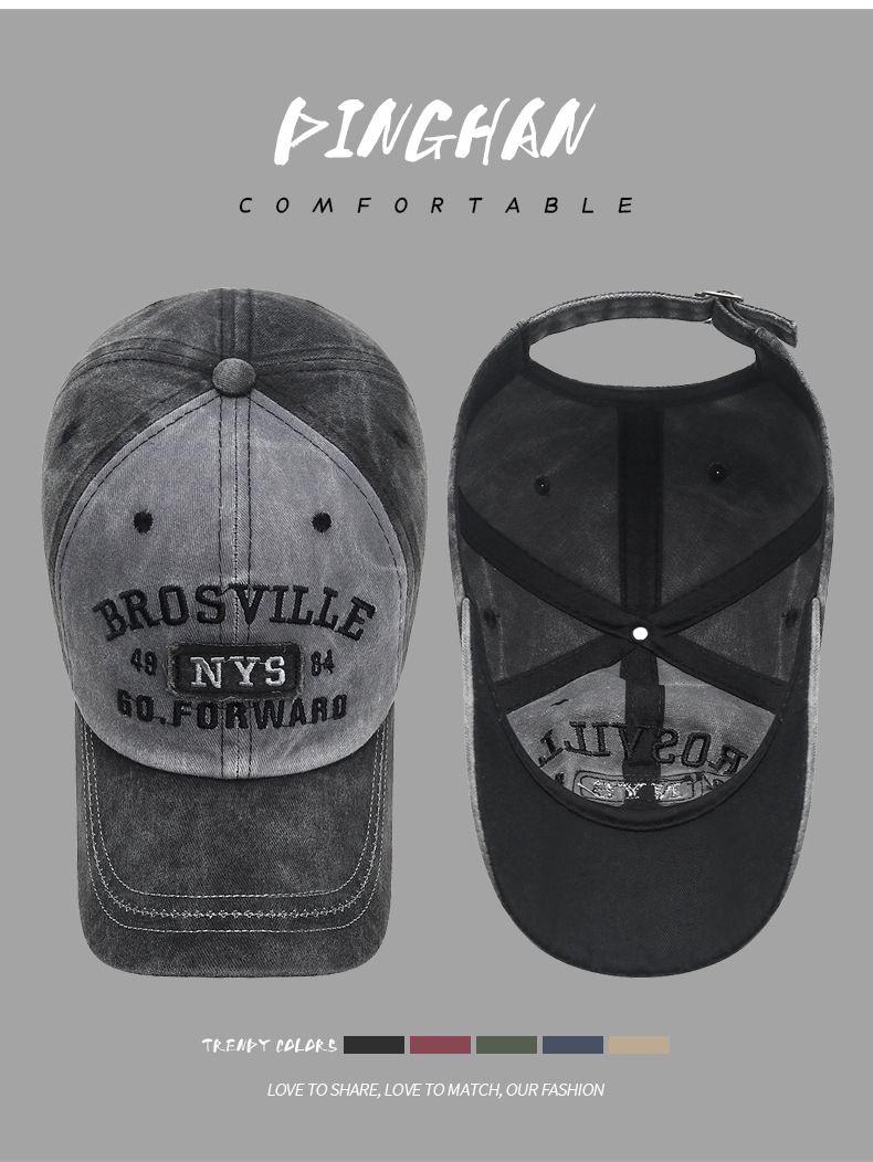 Four Seasons Men Baseball Cap Casual Distressed Washed Cotton Letter Embroidered Cap Bent Brim Dome Casual Sun Protection Hat