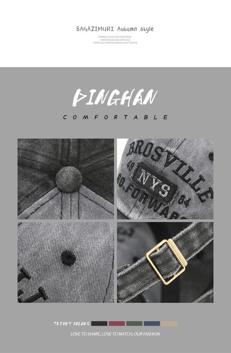 Four Seasons Men Baseball Cap Casual Distressed Washed Cotton Letter Embroidered Cap Bent Brim Dome Casual Sun Protection Hat