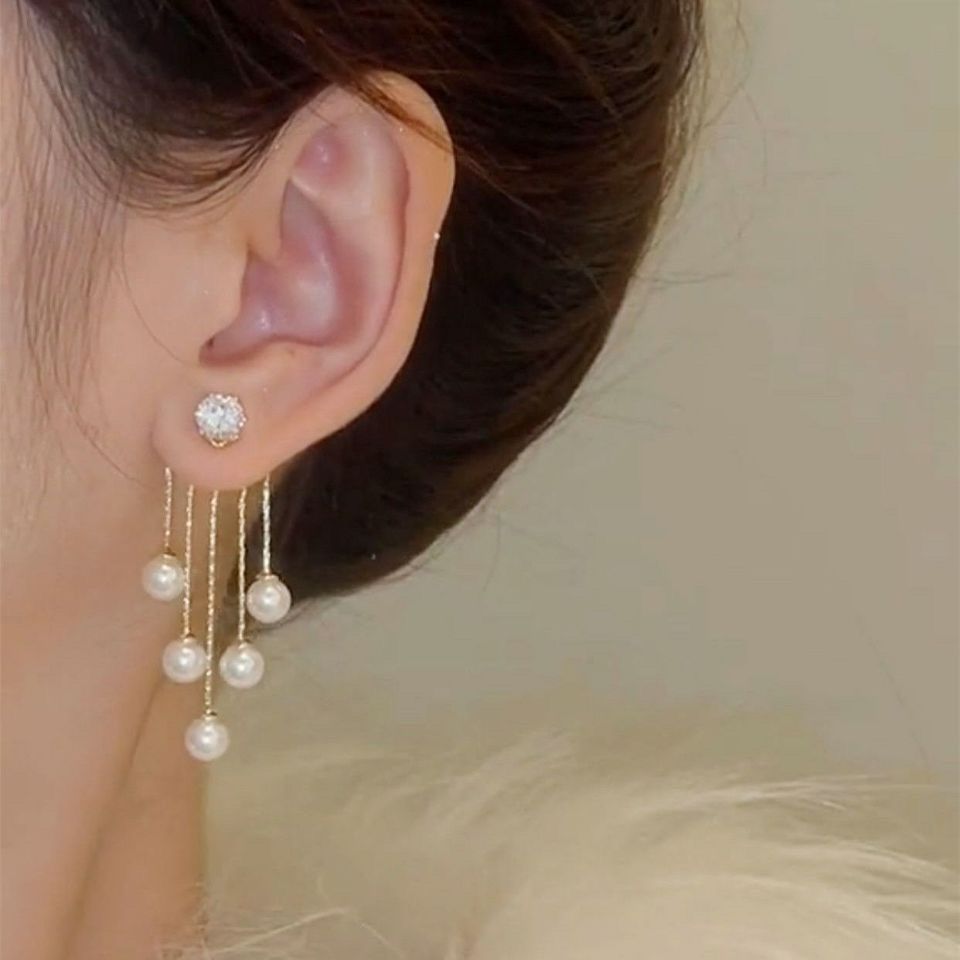 Diamond studded pearl tassel earrings personalized long earrings fashionable temperament trendy earrings