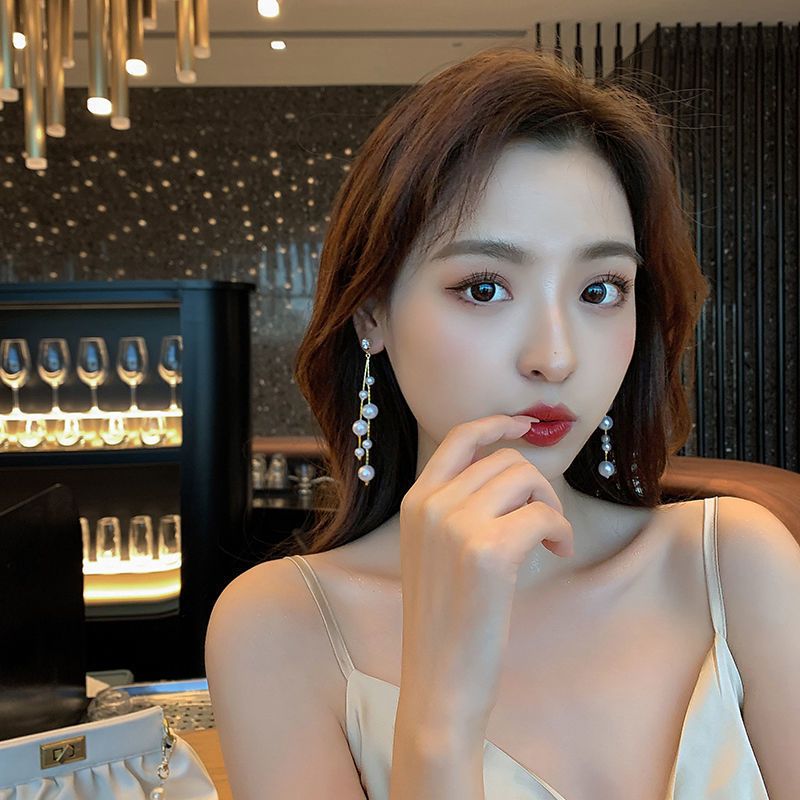 Diamond studded pearl tassel earrings personalized long earrings fashionable temperament trendy earrings