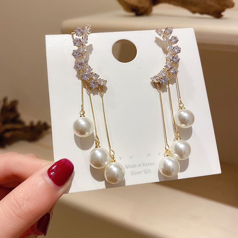 Diamond studded pearl tassel earrings personalized long earrings fashionable temperament trendy earrings