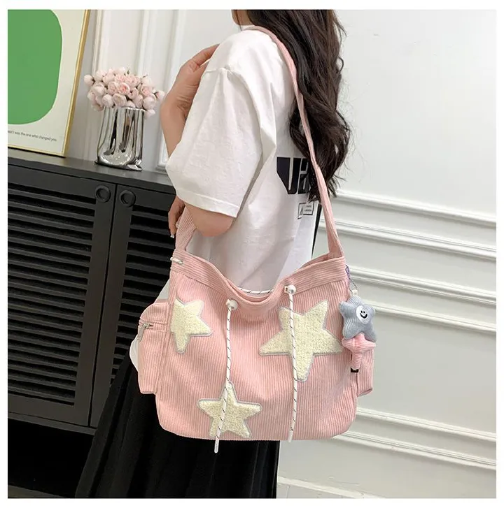 Niche Design Handbag Star Female Student Large Capacity Commuting Tote Corduroy Shoulder Crossbody Bag 20235New